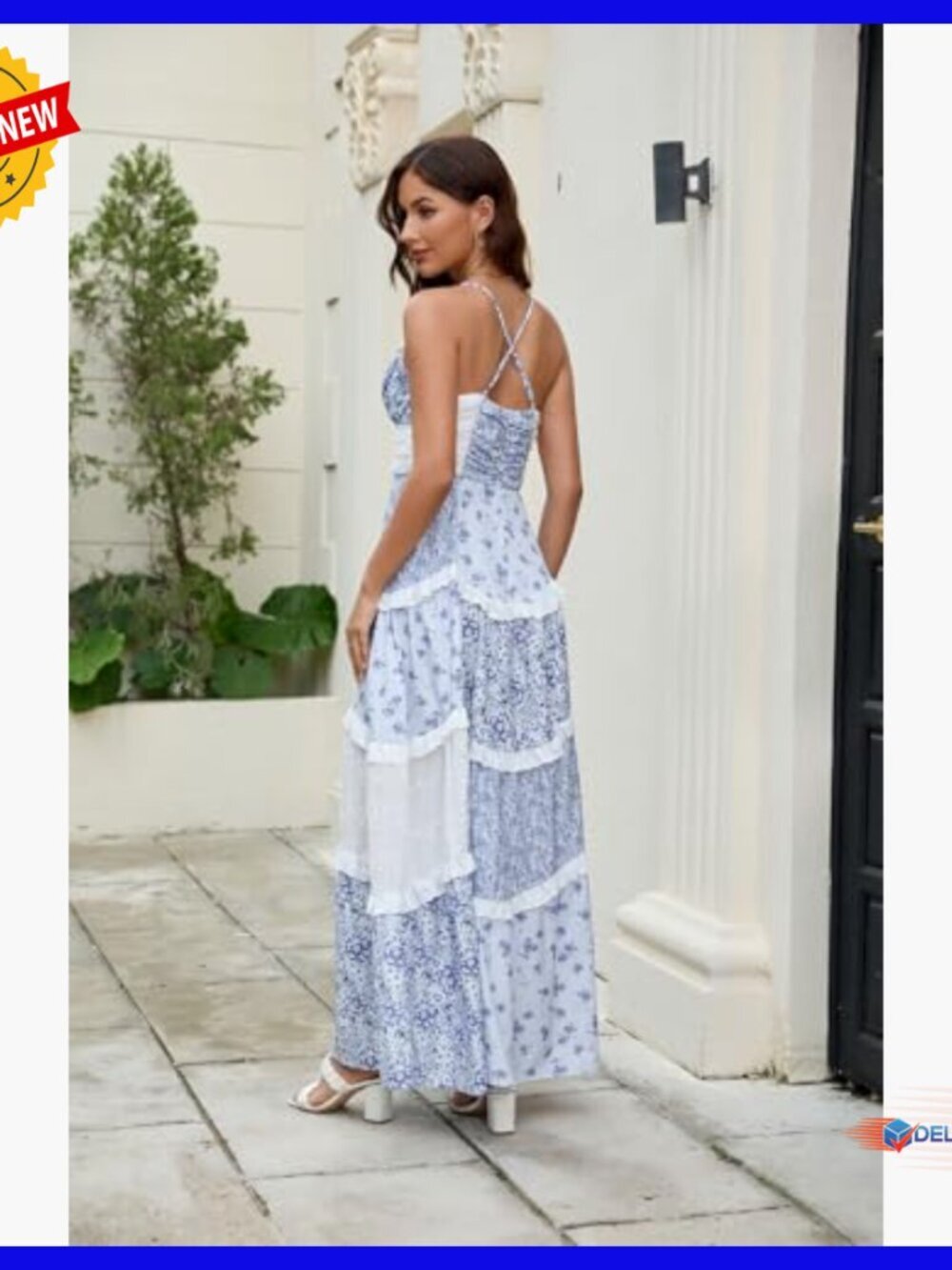 Floral Patchwork Maxi Dress V Neck Sleeveless Cross Back Tiered Sundress - Picture 7 of 7
